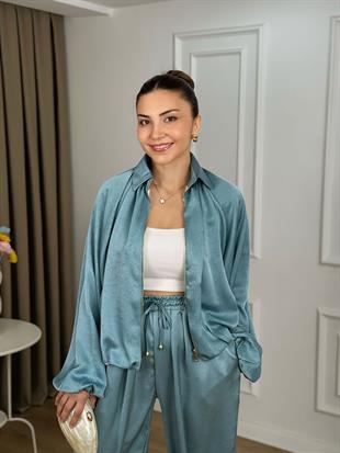 Su Yeşili Beli Lastikli Yarasa Kol Oversize Kalıp Ceket Pantolon Takım 26101