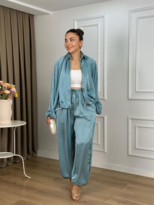 Su Yeşili Beli Lastikli Yarasa Kol Oversize Kalıp Ceket Pantolon Takım 26101