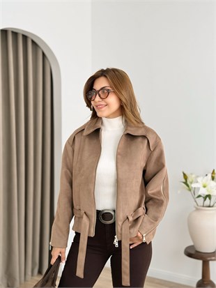 Taba Fermuarlı Beli Kemerli Astarlı Süet Ceket 6386