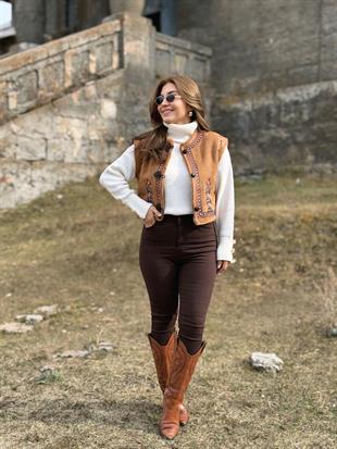 Taba Nakışlı Kürklü Süet Yelek 2712