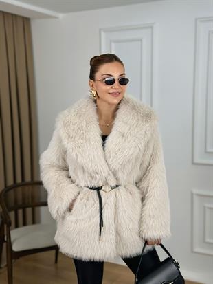 Taş Beli Kemerli Astarlı Kürk Mont 001200