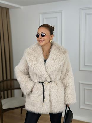 Taş Beli Kemerli Astarlı Kürk Mont 001200