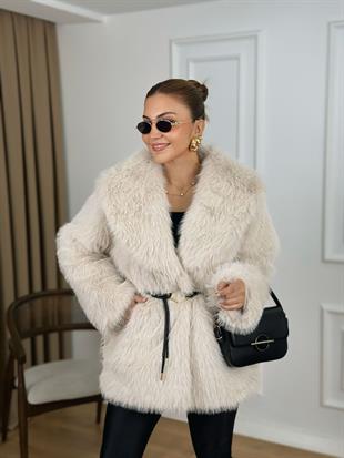 Taş Beli Kemerli Astarlı Kürk Mont 001200