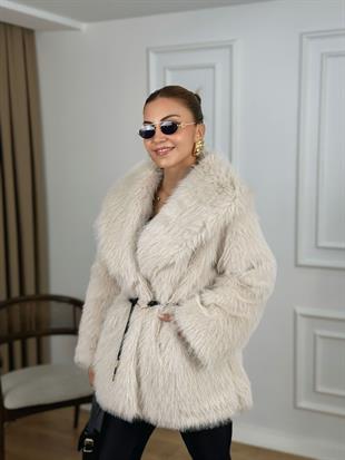 Taş Beli Kemerli Astarlı Kürk Mont 001200