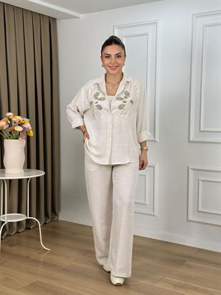 Taş Beli Lastikli Keten Pantolon 5026
