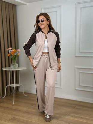 Taş Bisiklet Yaka Fermuarlı Yanları Çizgili Modal Kumaş Takım 25104