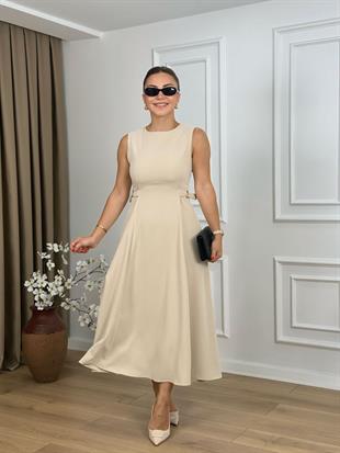 Taş Bisiklet Yaka Parçalı Kemer Detaylı Krep Kumaş Elbise 2313