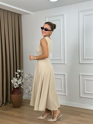 Taş Bisiklet Yaka Parçalı Kemer Detaylı Krep Kumaş Elbise 2313