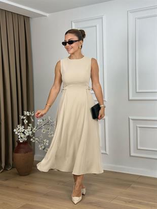 Taş Bisiklet Yaka Parçalı Kemer Detaylı Krep Kumaş Elbise 2313