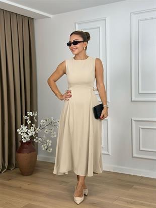 Taş Bisiklet Yaka Parçalı Kemer Detaylı Krep Kumaş Elbise 2313