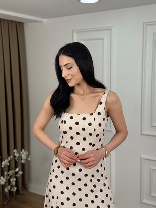 Taş Kare Yaka  Yandan Yırtmaçlı Puantiyeli Keten Elbise 6136