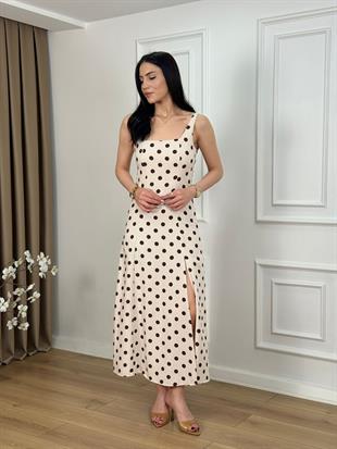 Taş Kare Yaka  Yandan Yırtmaçlı Puantiyeli Keten Elbise 6136