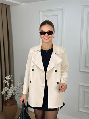 Taş Kruvaze Yaka Düğmeli Kuşaklı Trenchcoat 6266
