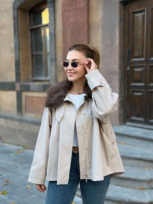 Taş Yakası Çıkarılabilir Kürklü Fermuarlı Astarlı Trenchcoat 251021