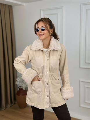 Taş Yakası Ve Kolları Kürk Detaylı Cepli Beli Büzgülü Kot Ceket 6168