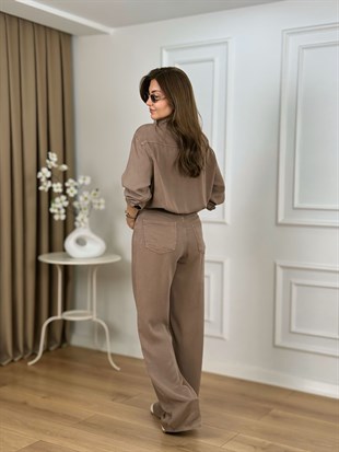 Toprak Düğmeli Bel Büzgülü PamukluTensel Denim Kumaş Tulum 3080
