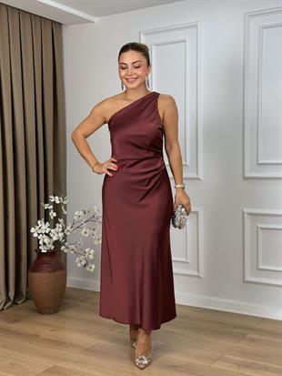 Vişneçürüğü Tek Omuz Yandan Fermuarlı Saten Elbise 5244