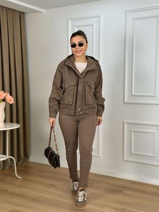 Vizon Fermuarlı Beli Büzgülü Kapişonlu Jean Ceket 6226