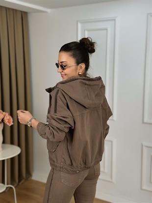 Vizon Fermuarlı Beli Büzgülü Kapişonlu Jean Ceket 6226