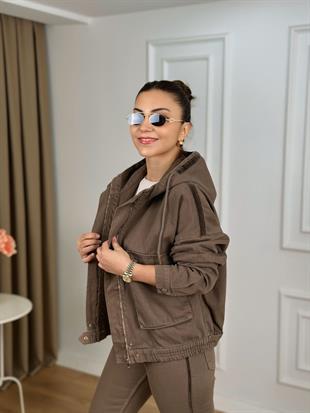 Vizon Fermuarlı Beli Büzgülü Kapişonlu Jean Ceket 6226