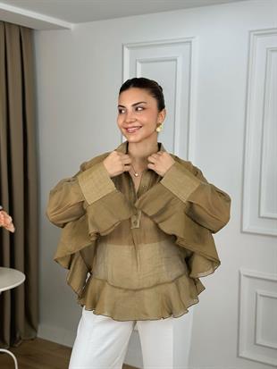 Yağ Yeşili Kolları Volanlı Bluz 5031