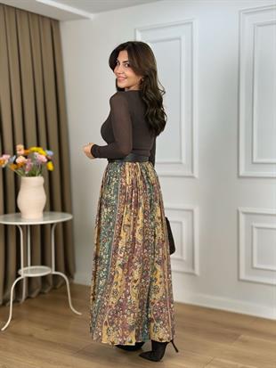 Yeşil Beli Lastikli Kemerli Astarlı Şifon Etek 3374