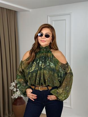 Yeşil Şal Desen Omuz Dekolteli Beli Lastikli Astarlı Şifon Bluz 1762