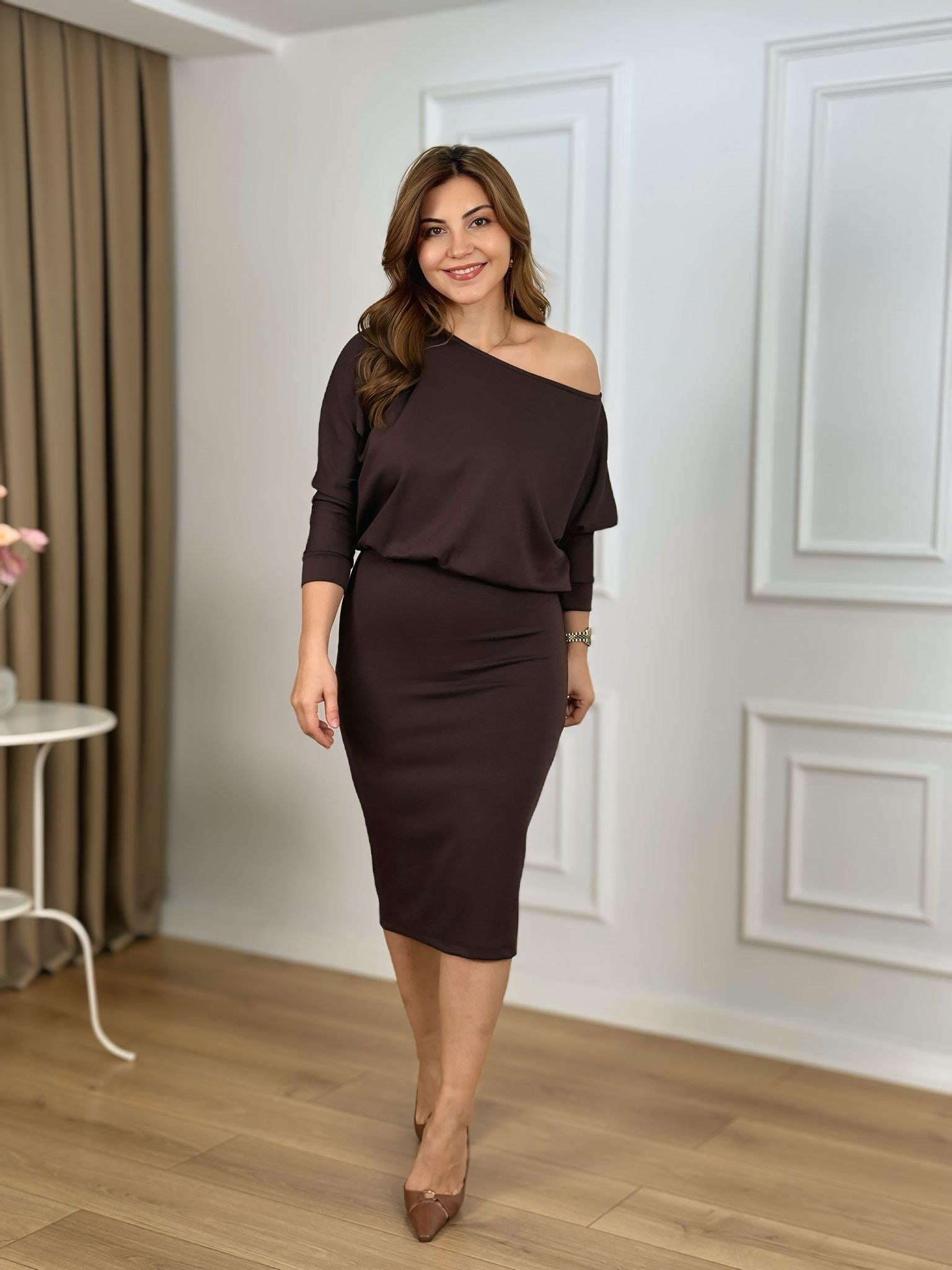 Acı Kahve Kayık Yaka Beli Lastiikli Modal Kumaş Elbise 26134
