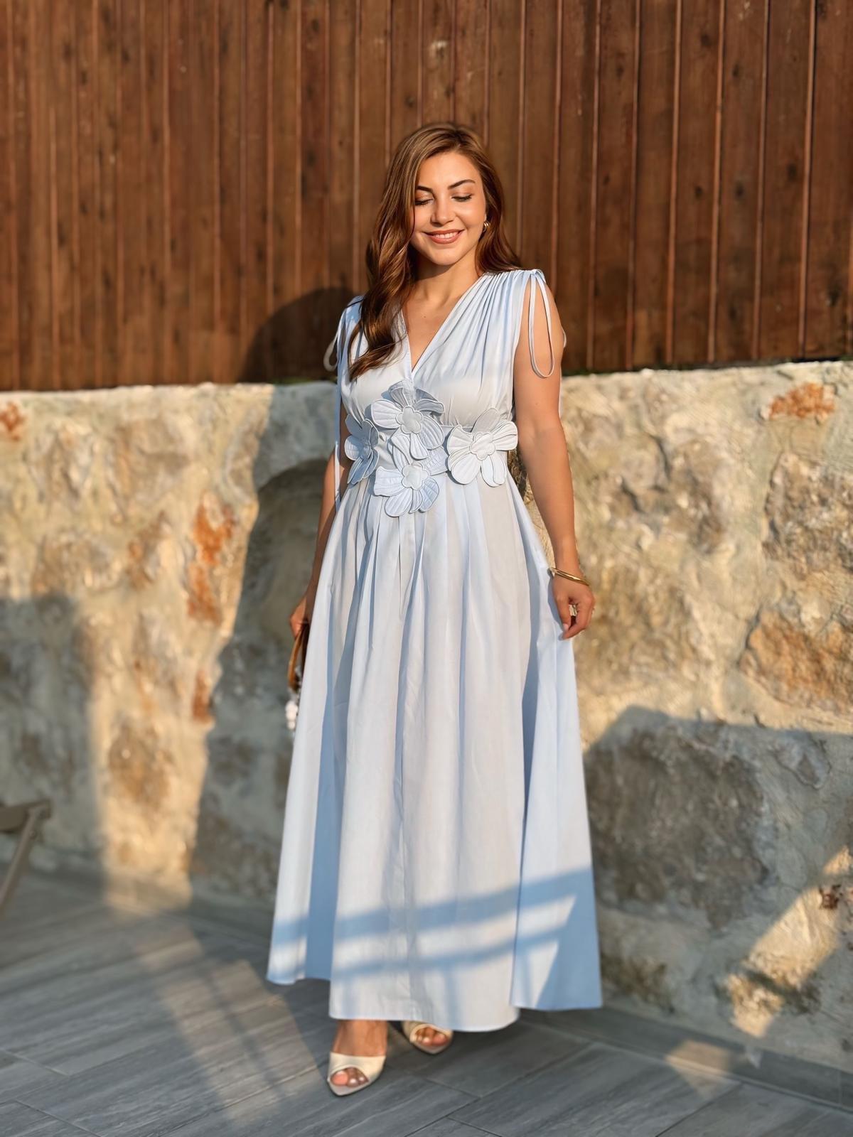 Bebe Mavi Ön ve Arka V Yaka Gipeli Çiçek Detaylı Elbise 2519