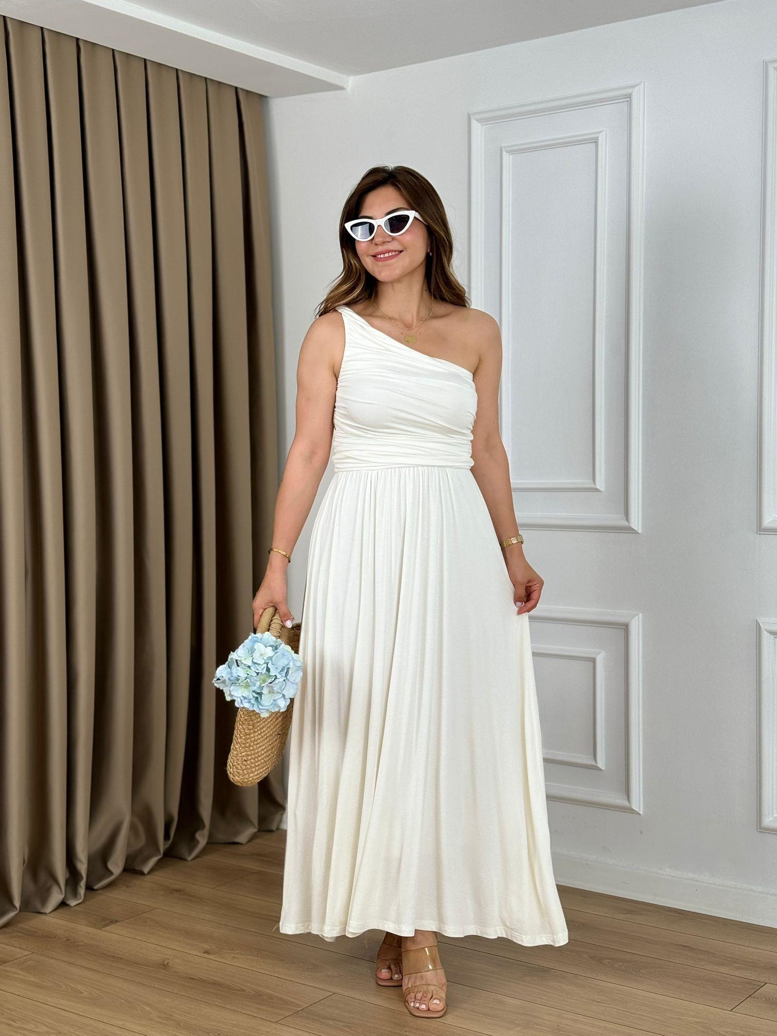 Beyaz Tek Omuz Astarlı Örme Elbise 6302