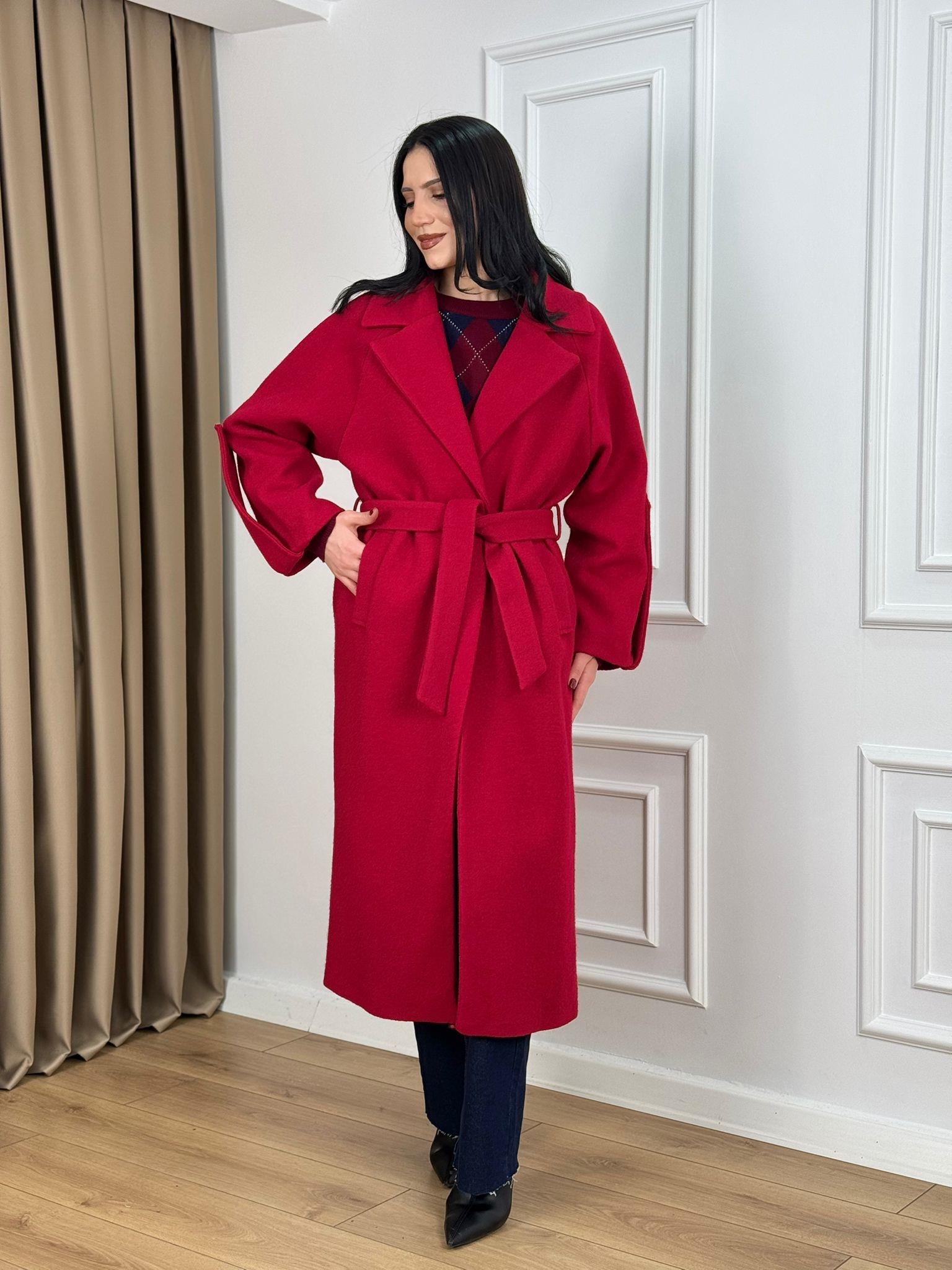 Bordo Astarlı Kuşaklı Premium Kalite Kaşe Kaban 0102