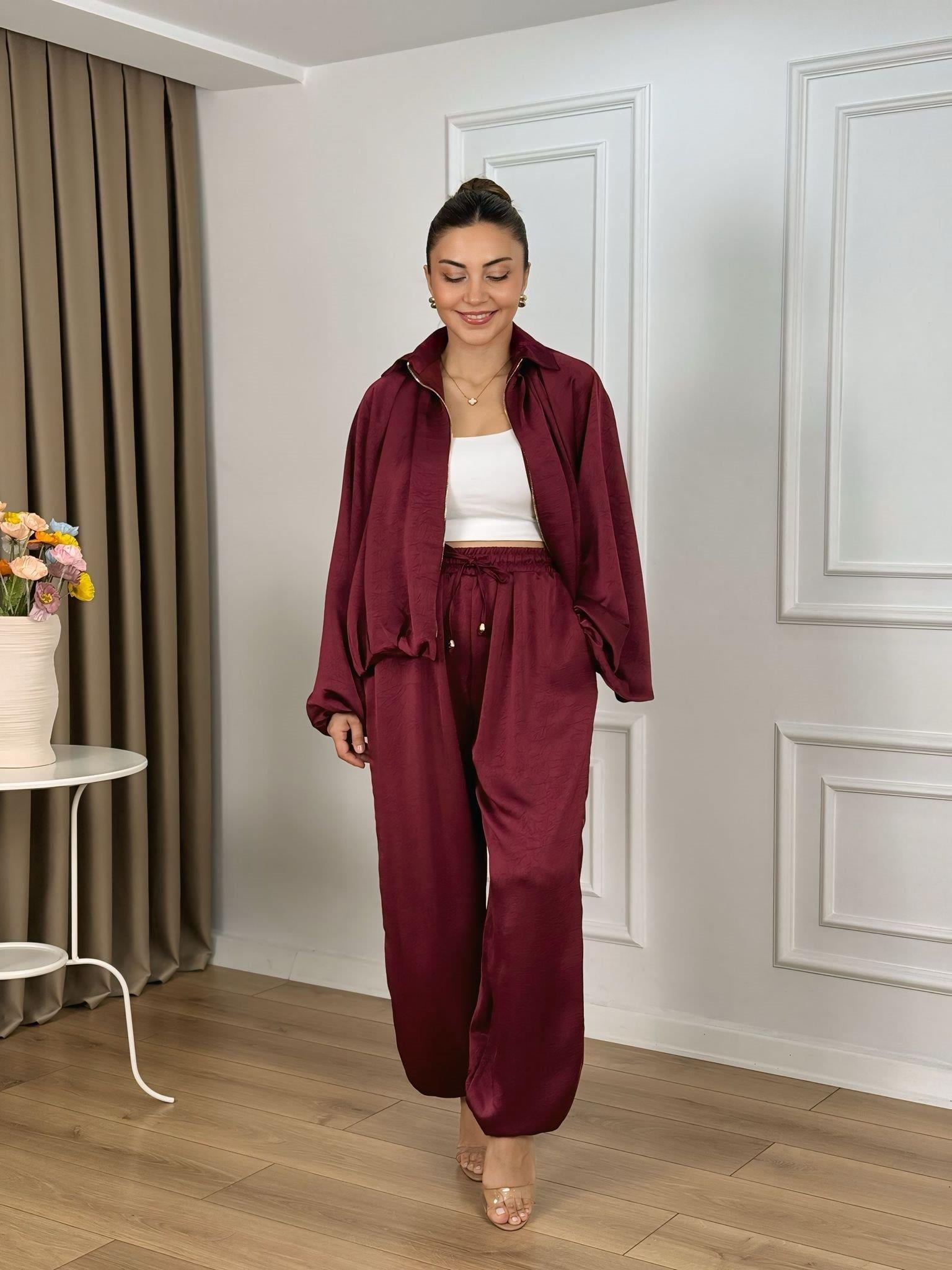 Bordo Beli Lastikli Yarasa Kol Oversize Kalıp Ceket Pantolon Takım 26101