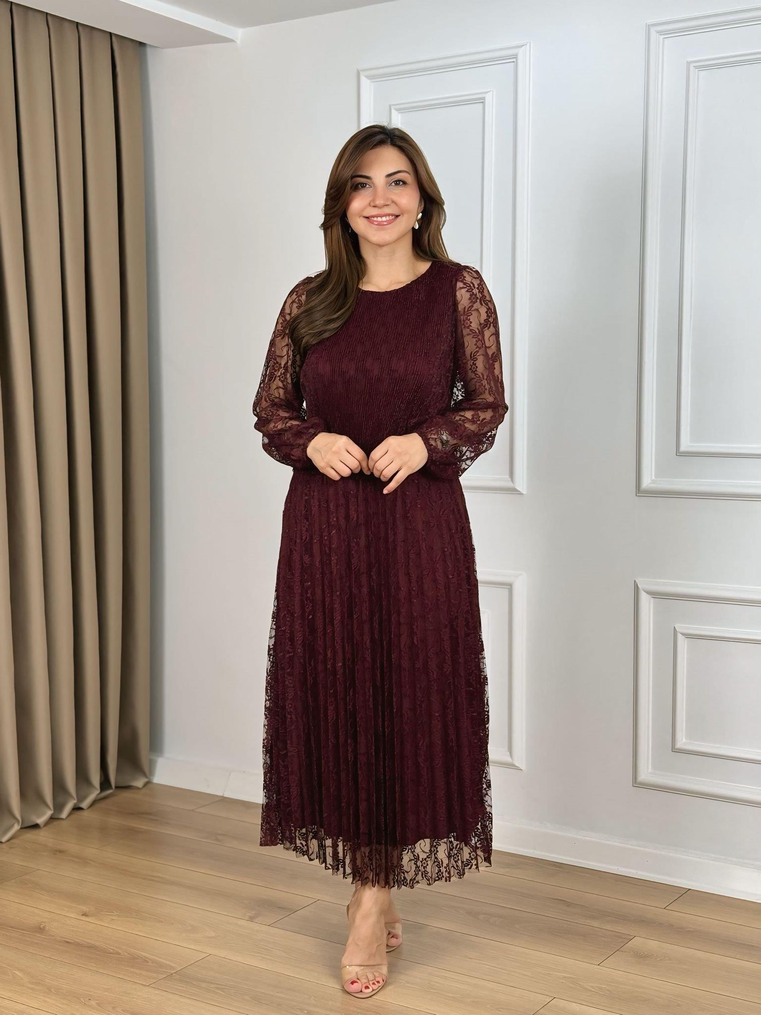 Bordo Bisiklet Yaka Dantel Detaylı Piliseli Astarlı Elbise 262736