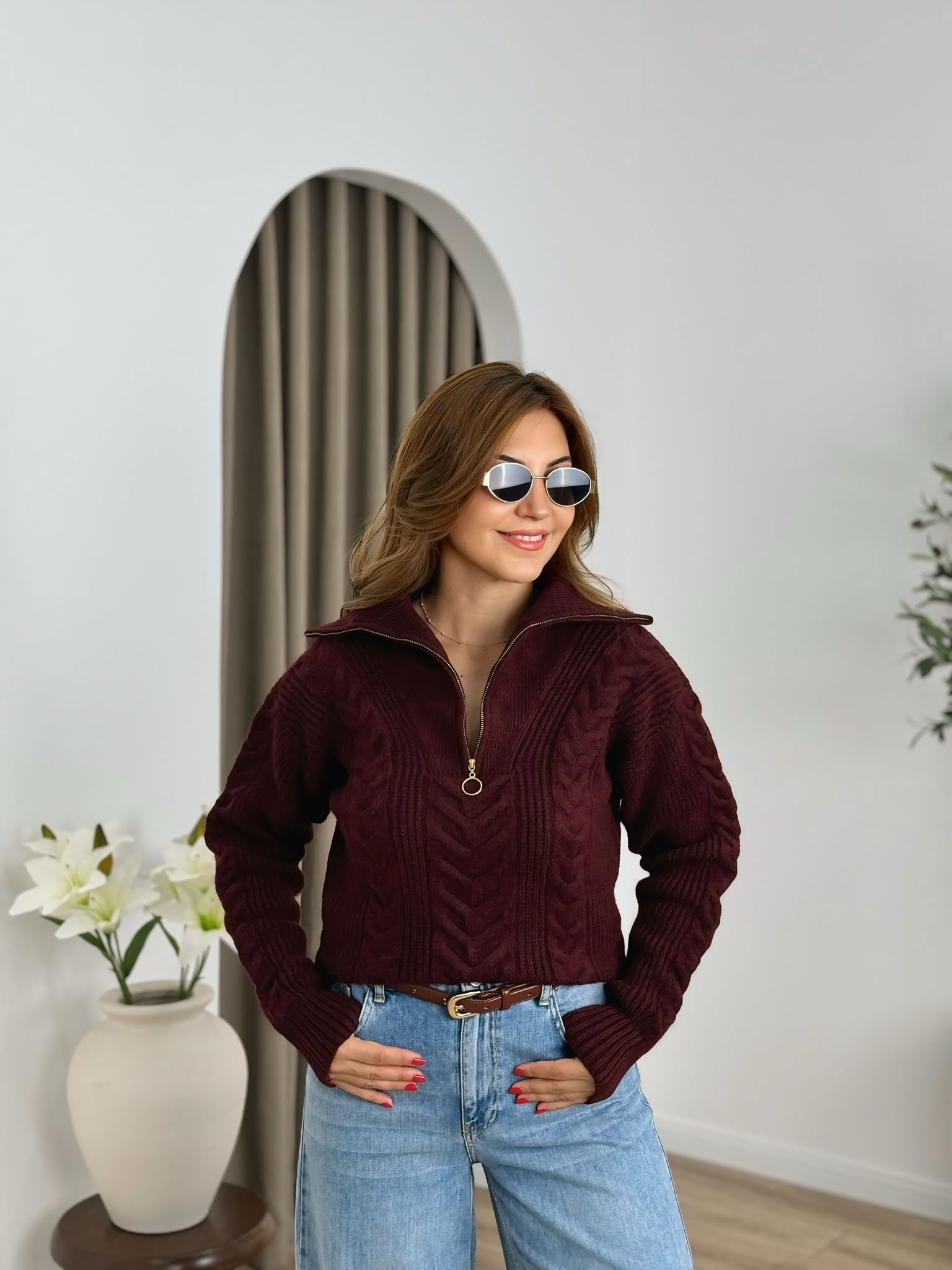 Bordo Dik Yaka Fermuarlı Triko Kazak 25713