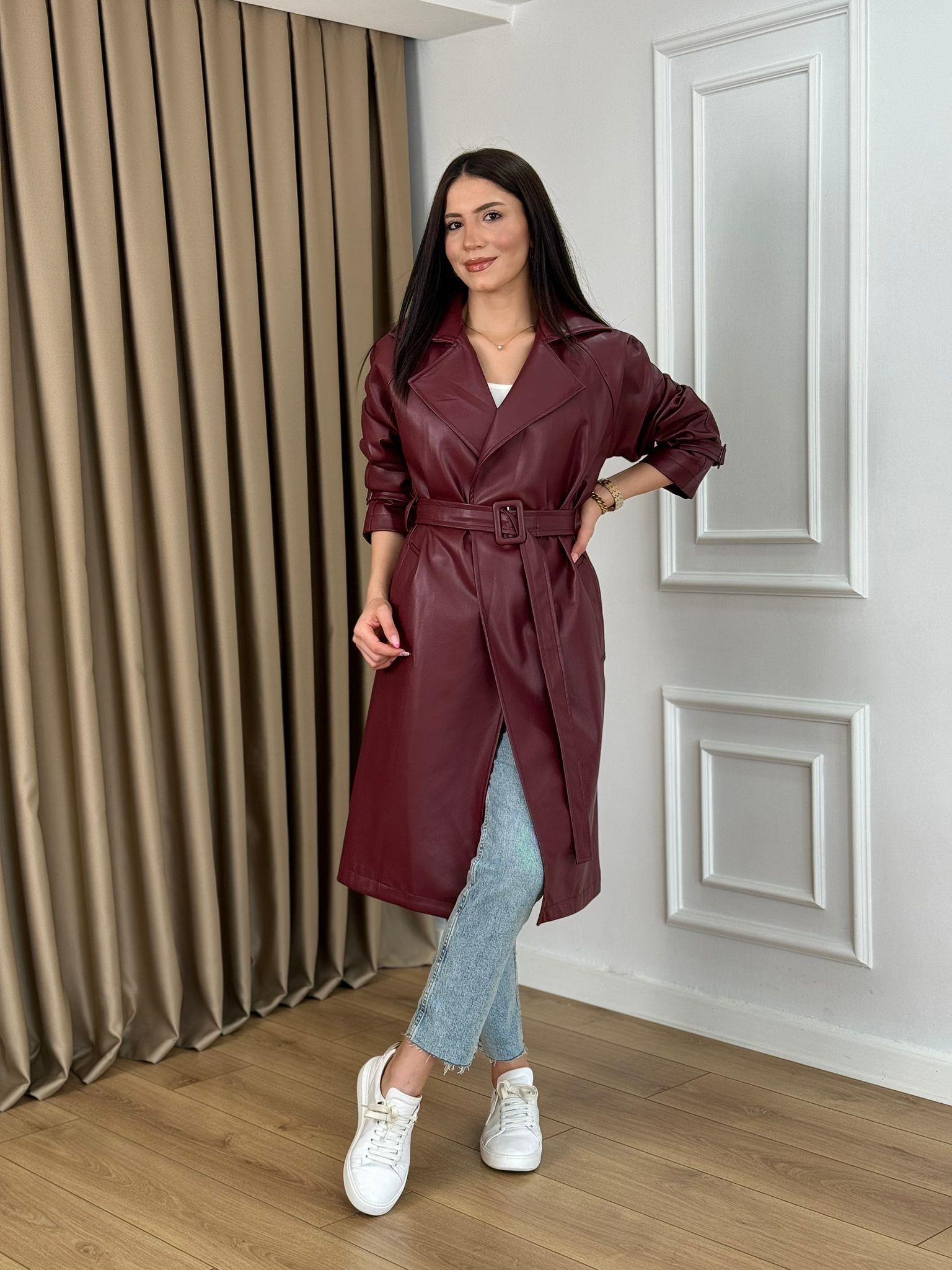 Bordo Kuşaklı Astarlı Lüks Kalite Deri Trenchcoat 7890