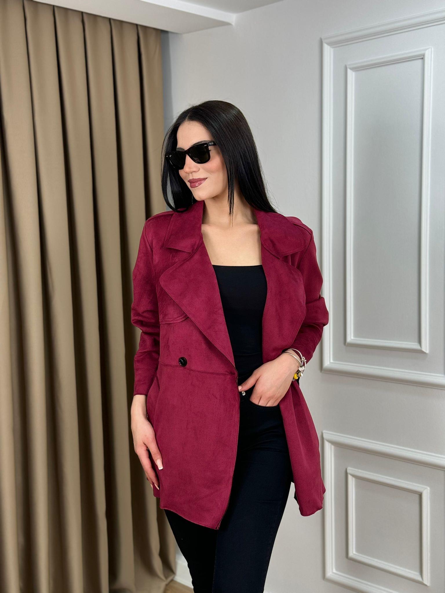 Bordo Scuba Süet Kuşaklı Astarsız Trenchcoat 24277