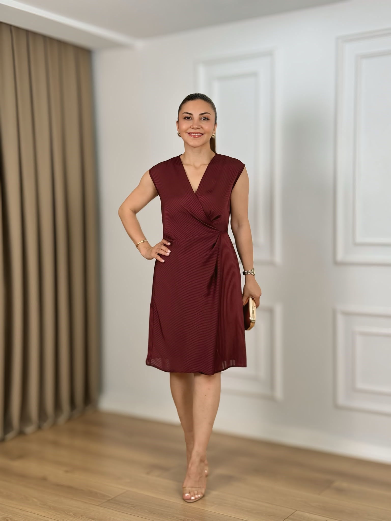 Bordo V Yaka Düğüm Detaylı Kendinden Çizgili Elbise 262786
