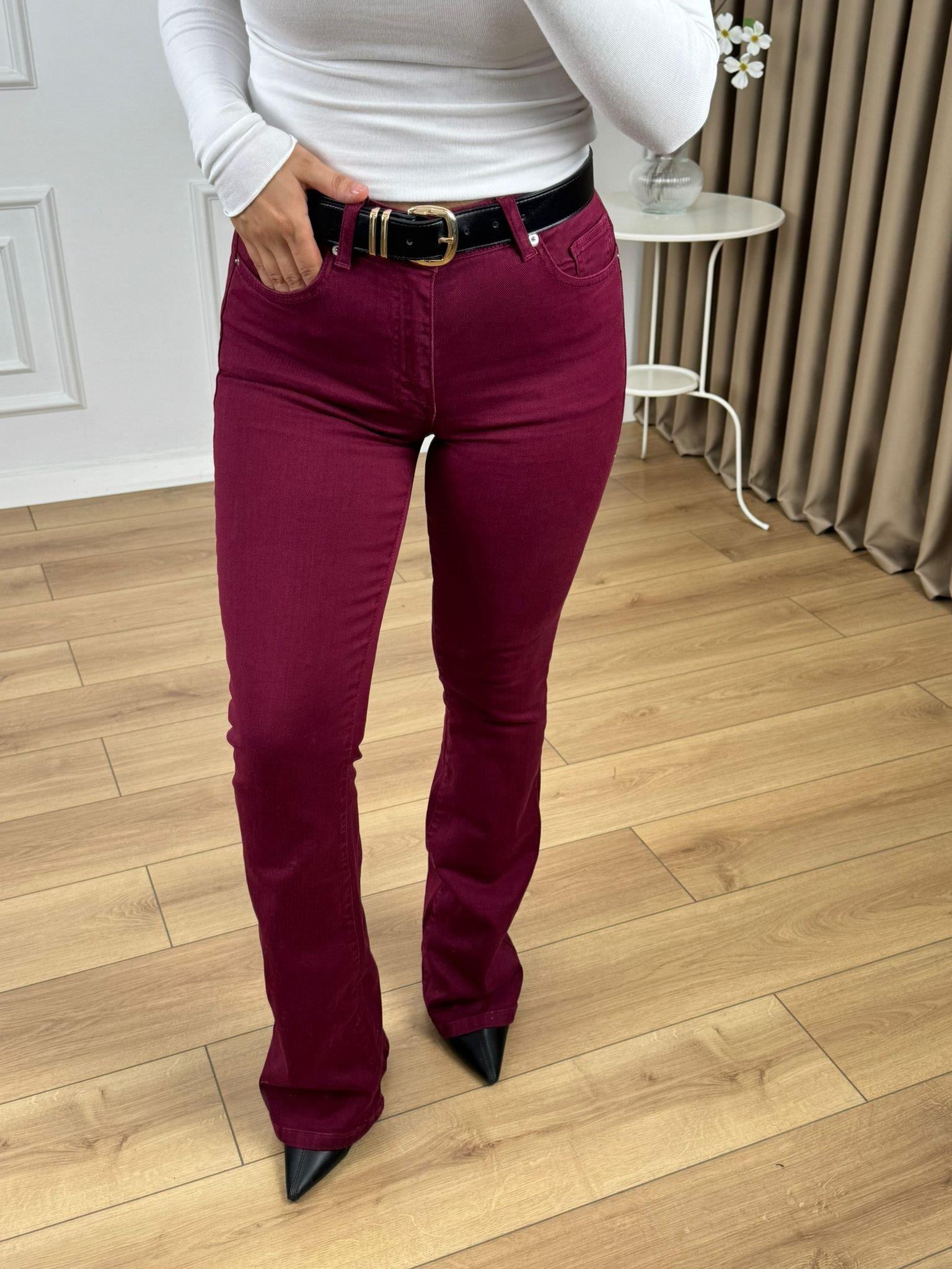 Bordo Yüksek Bel Likralı İspanyol Paça Jean 867