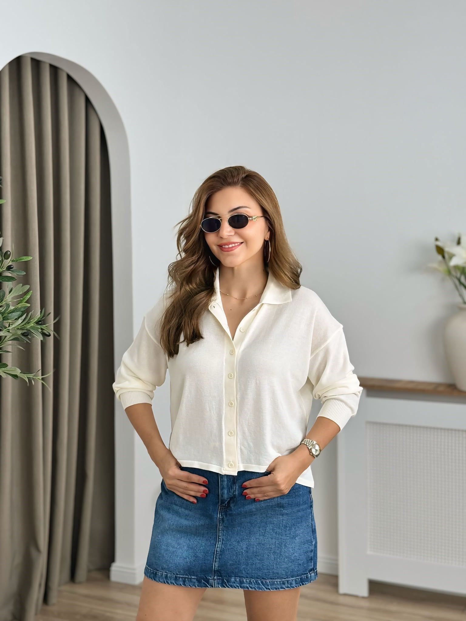 Ekru Polo Yaka Düğmeli Merserize Triko 5490