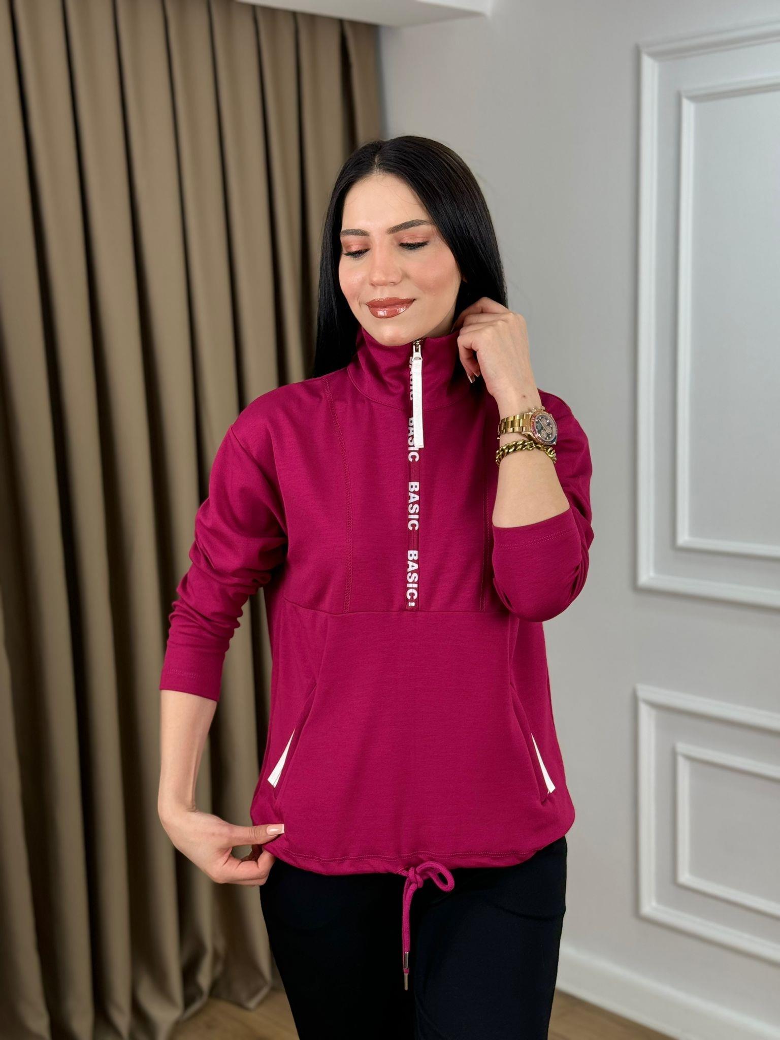 Fuşya Dik Yaka Fermuarlı Modal Kumaş Sweatshirt 25364