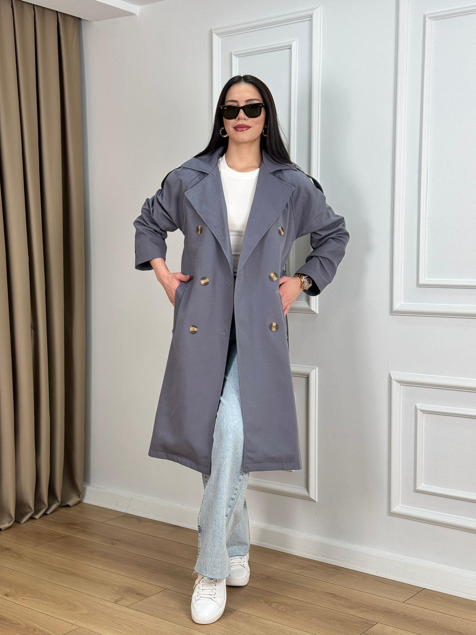 Gri Kuşaklı Astarlı Lüks Kalite Trenchcoat 95135