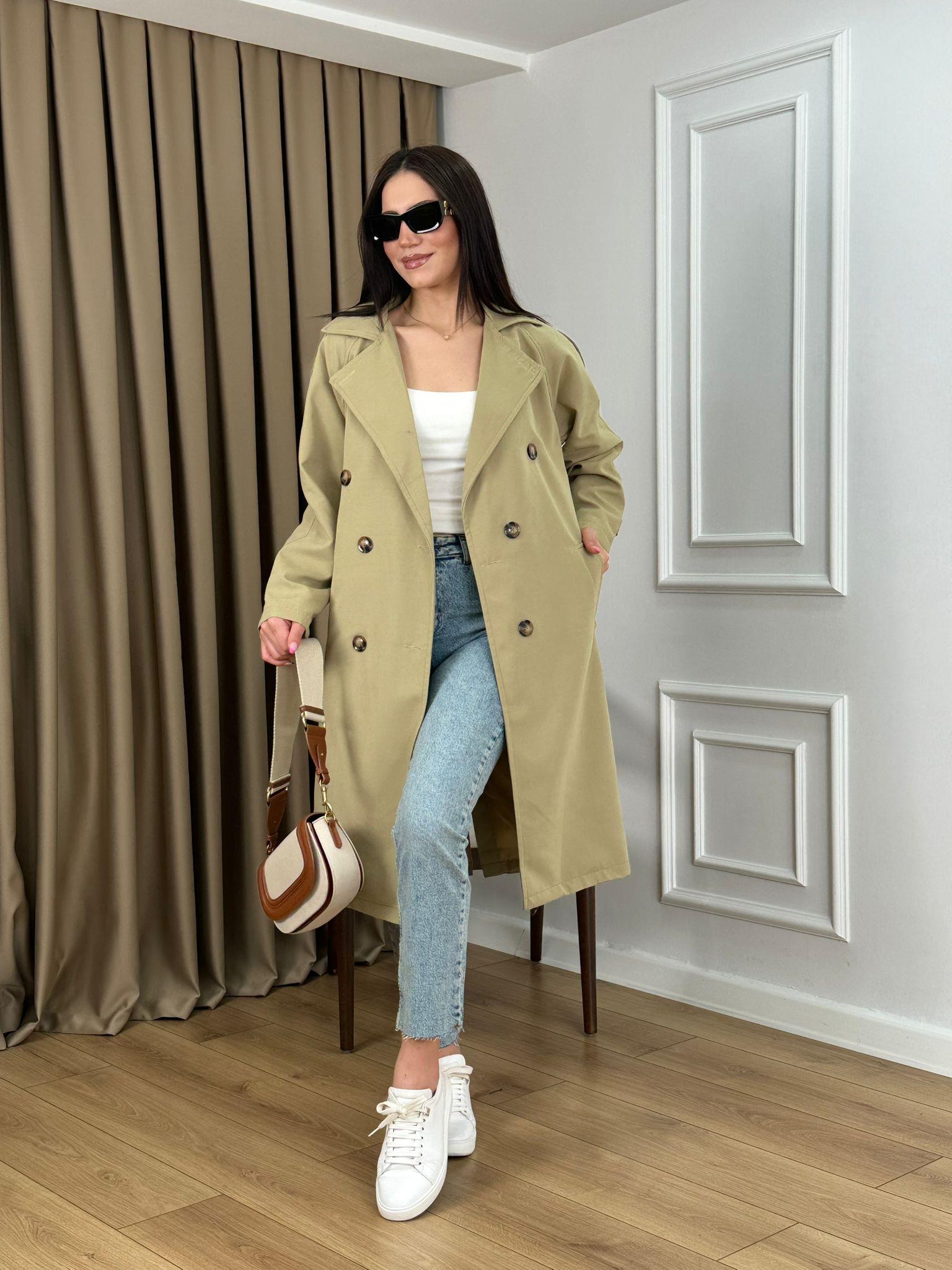 Haki Kuşaklı Astarlı Lüks Kalite Trenchcoat 95135
