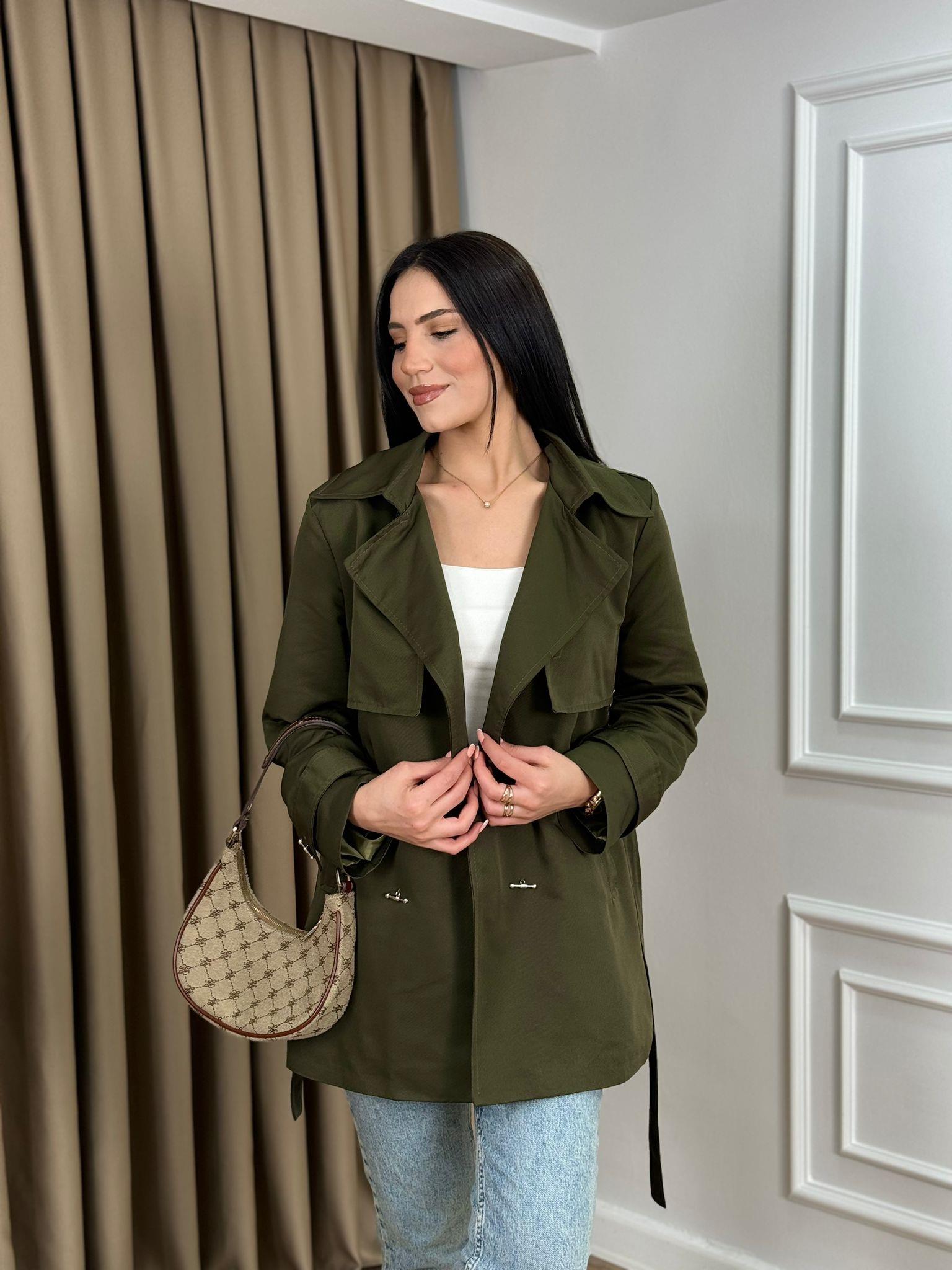 Haki Ön Aller Detaylı Astarlı Kuşaklı Ara Boy Trenchcoat 2423