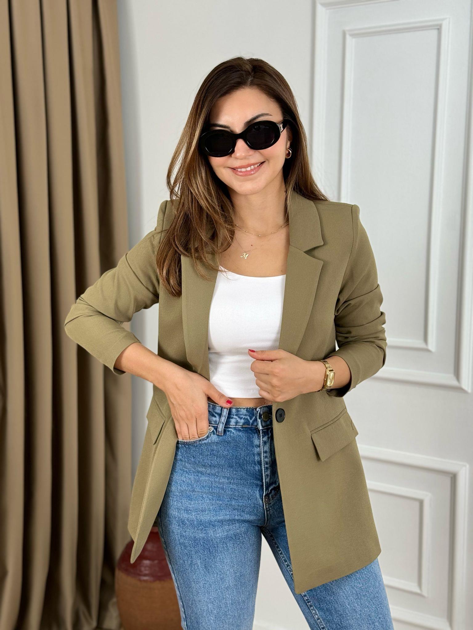 Haki Tek Düğme Astarlı Blazer Ceket 3133
