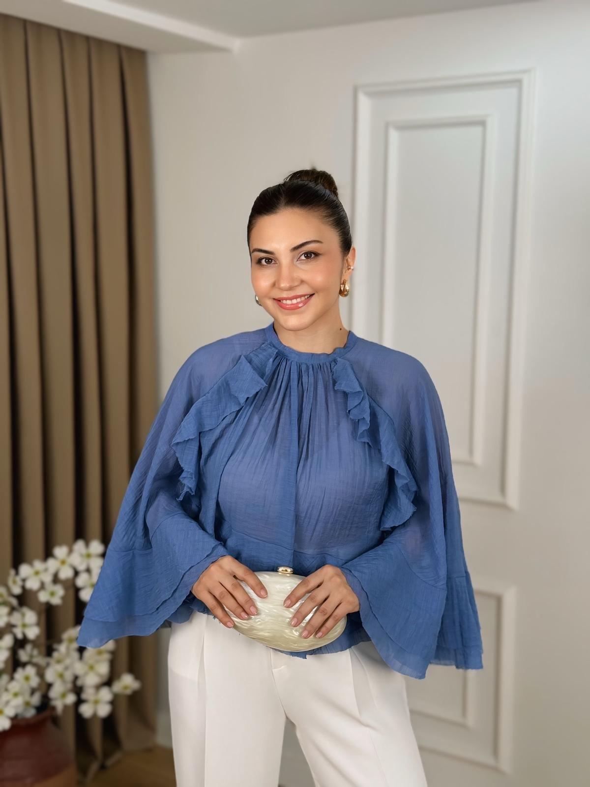 İndigo Mavi Bisiklet Yaka Volanlı Boyundan Bağlamalı Pamuk Keten Bluz 5009