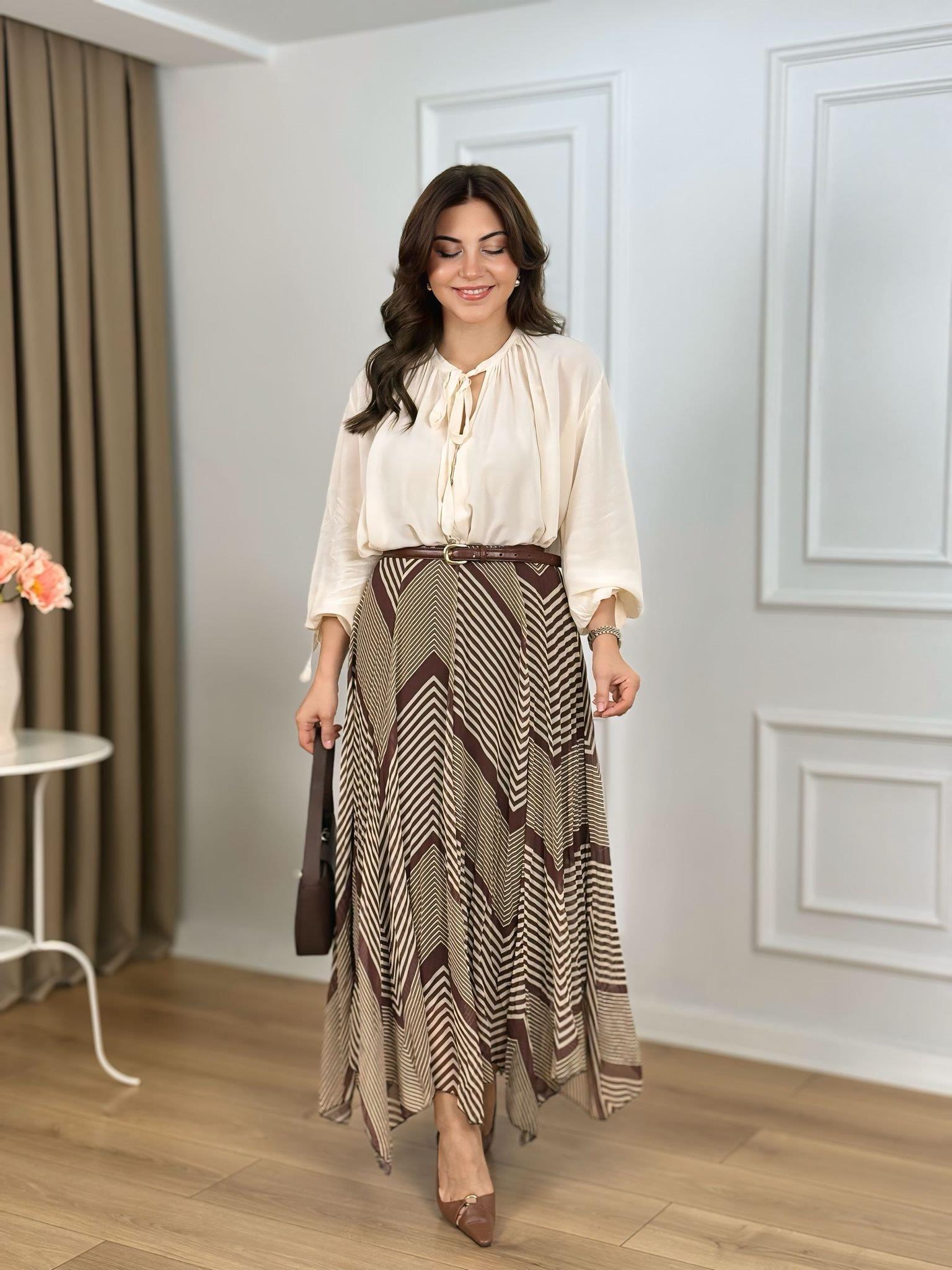 Kahve Beli Lastikli Astarlı Şifon Etek 3373
