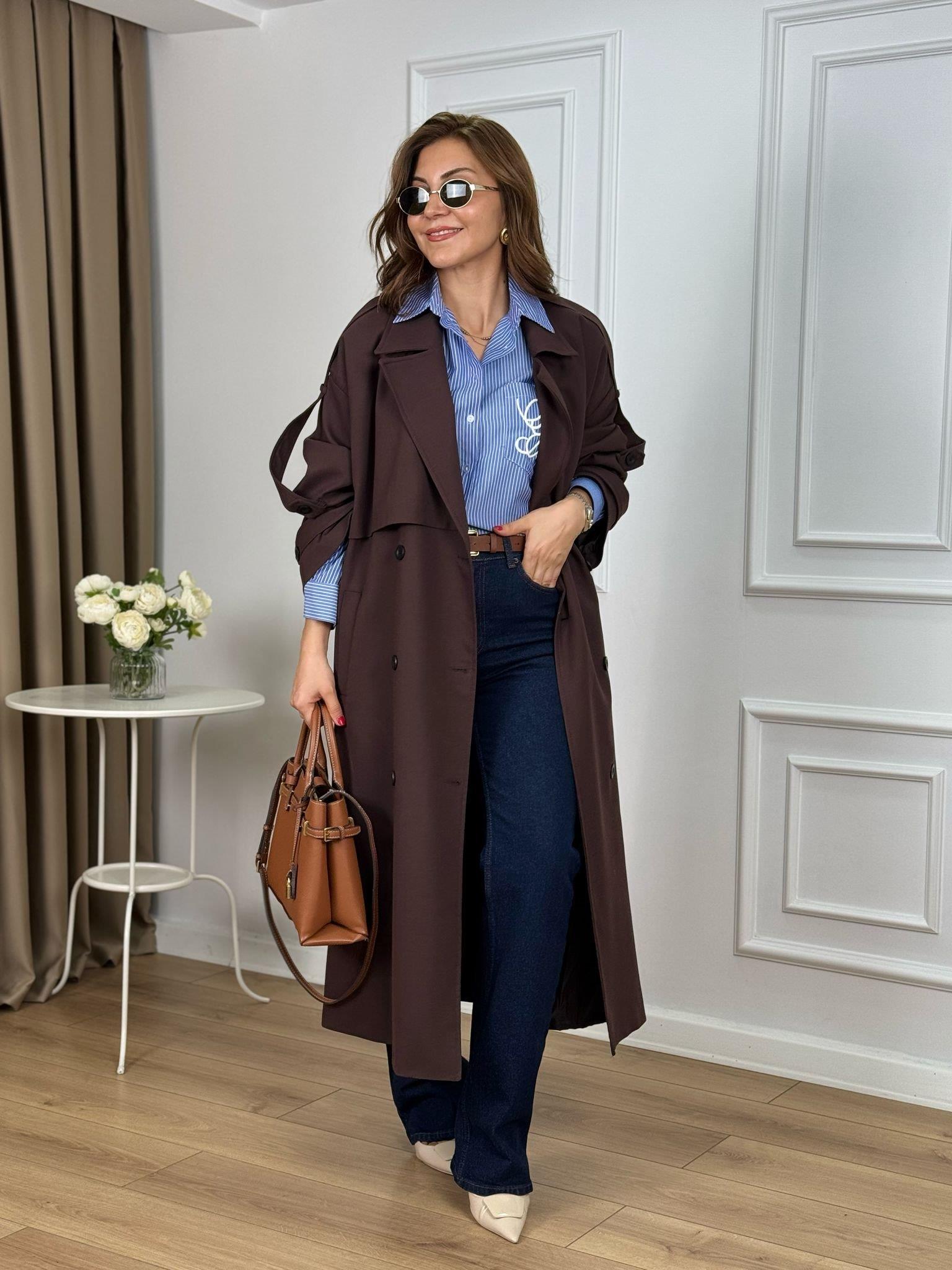Kahve Kuşaklı Astarlı Lüks Kalite Poliviskon Trenchcoat 9476