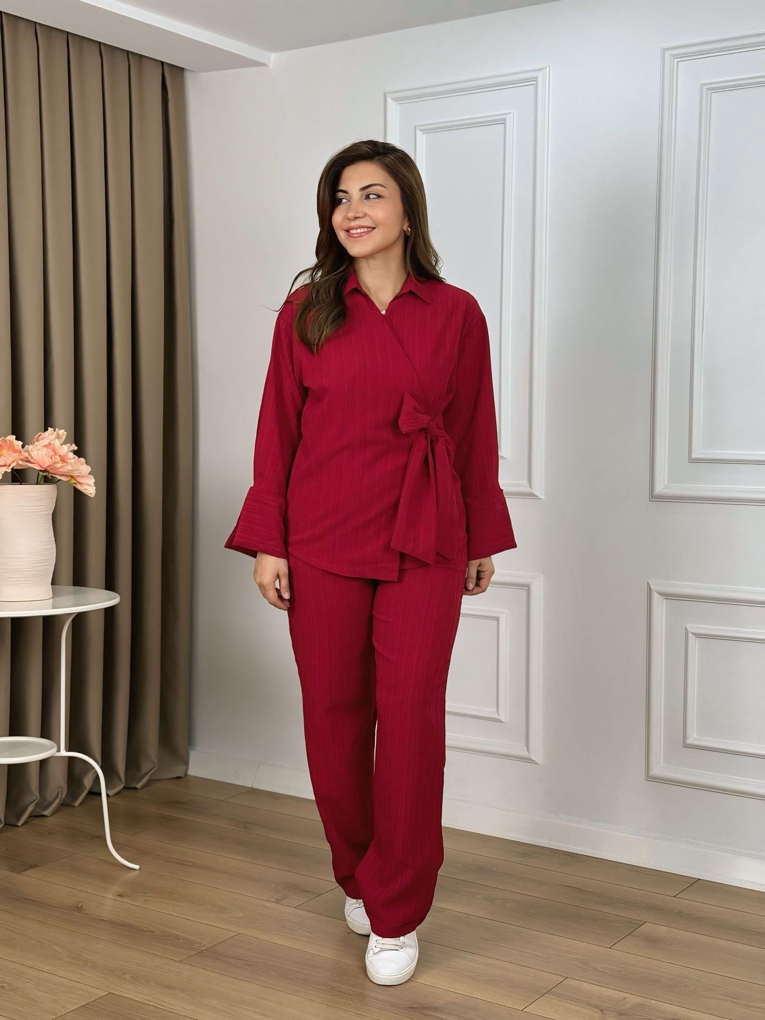 Kırmızı Kruvaze Yaka Bağlamalı Takım 26109