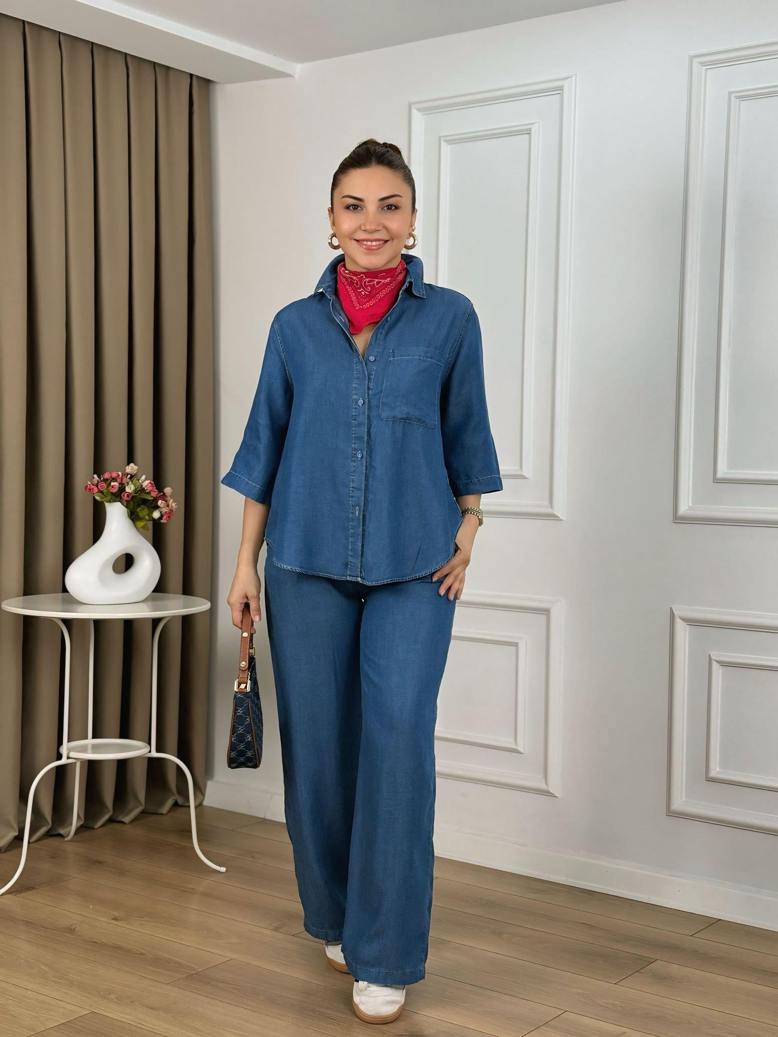 Koyu Mavi Truvakar Kol Pamuklu Tensel Kumaş Gömlek Pantolon Takım 0926