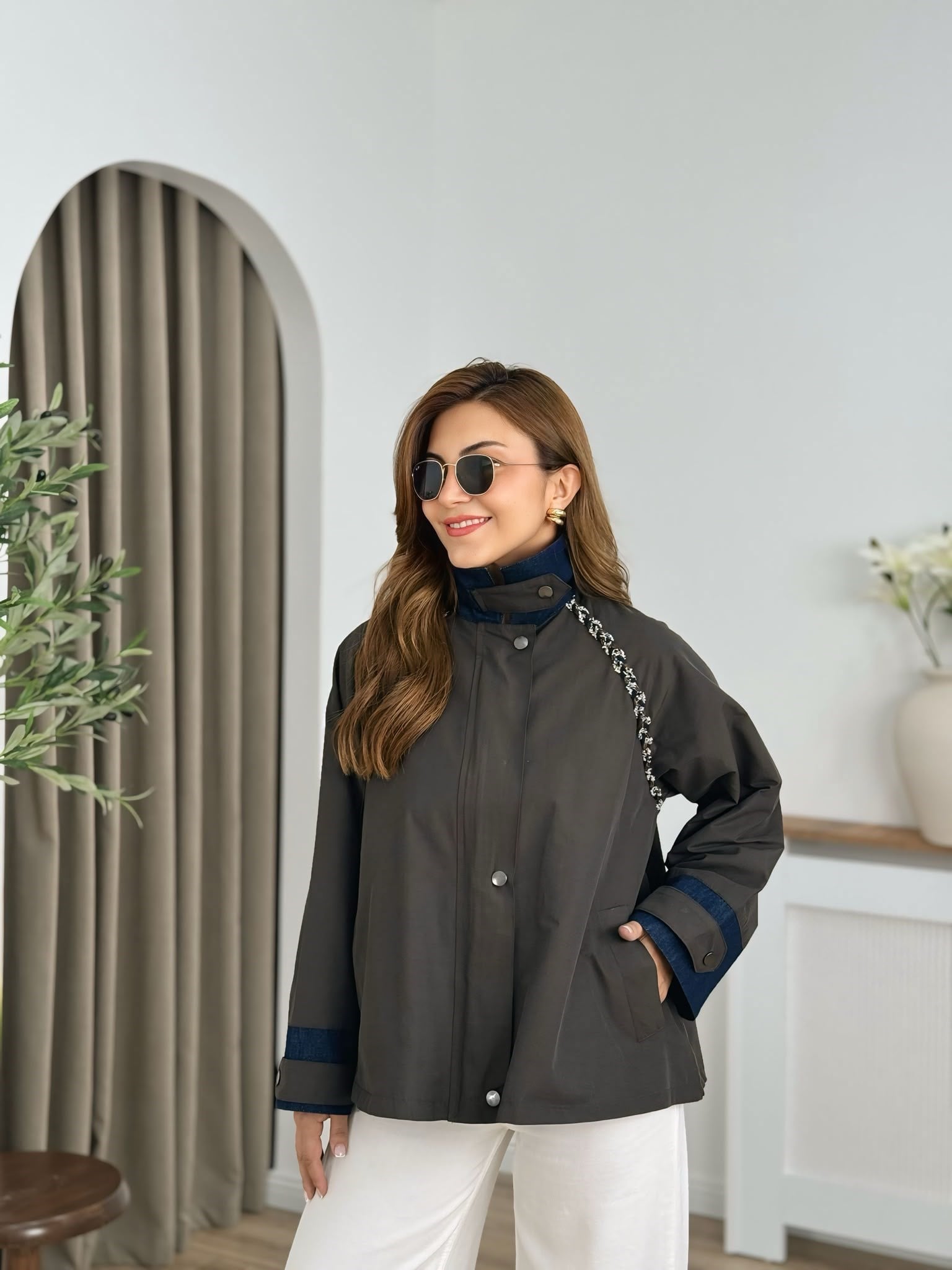 Koyu Yeşil Reglon Kol Garnili Fermuarlı Trenchcoat 6288